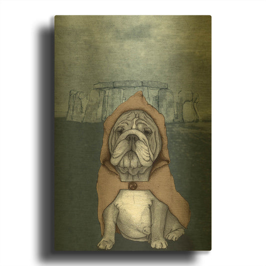 'English Bulldog with Stonehenge' By Barruf Gold Metal Wall Art