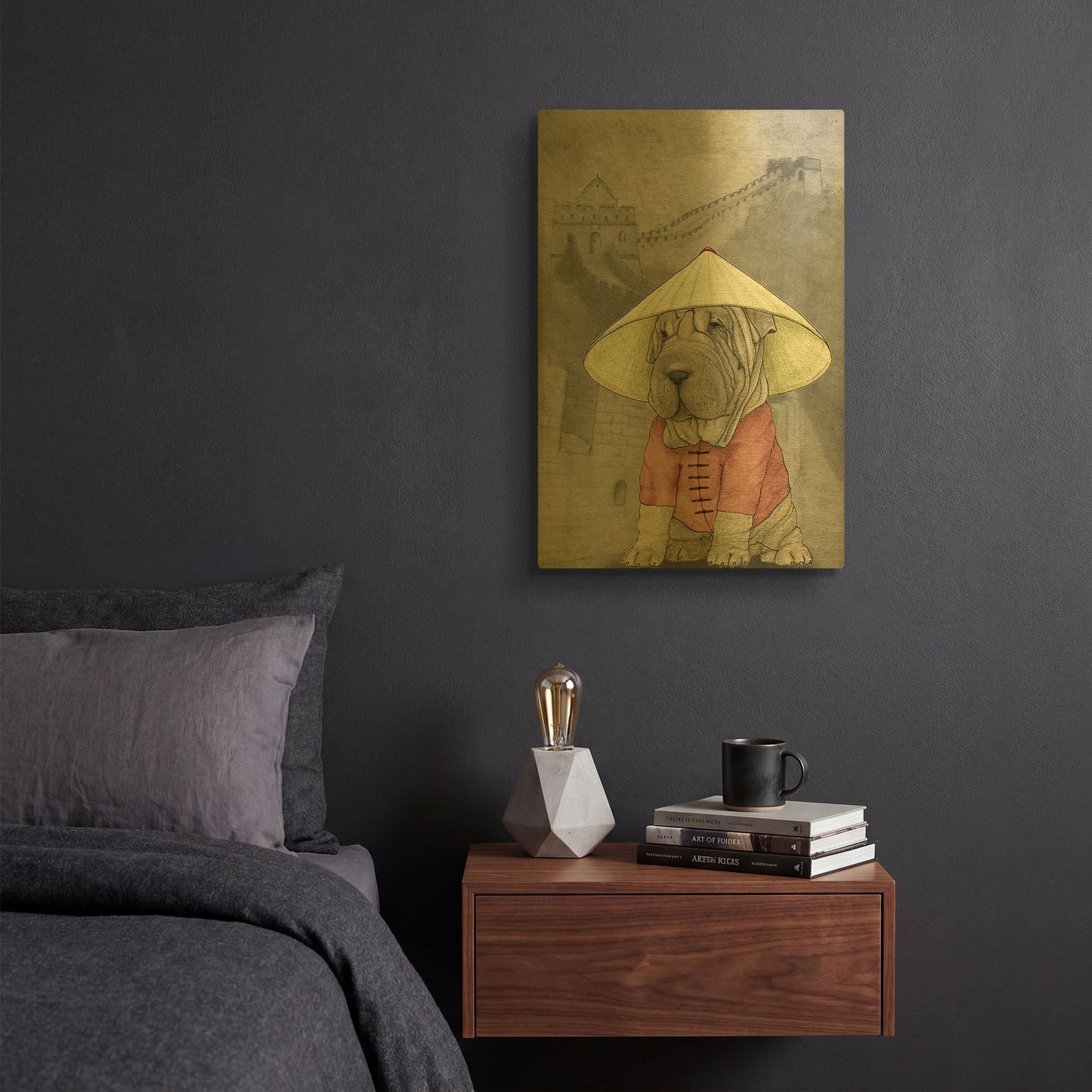 'Shar Pei with the Great Wall' By Barruf Gold Metal Wall Art