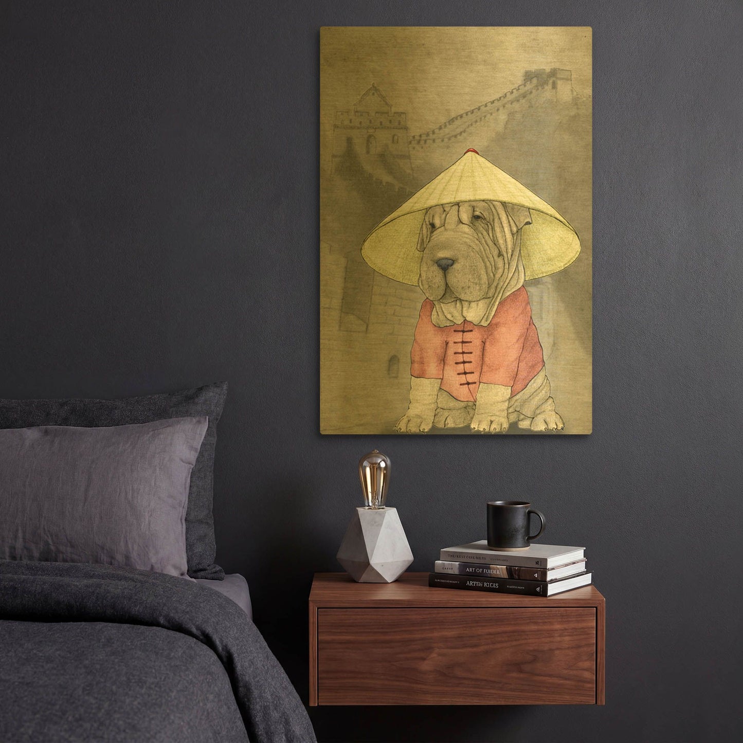 'Shar Pei with the Great Wall' By Barruf Gold Metal Wall Art