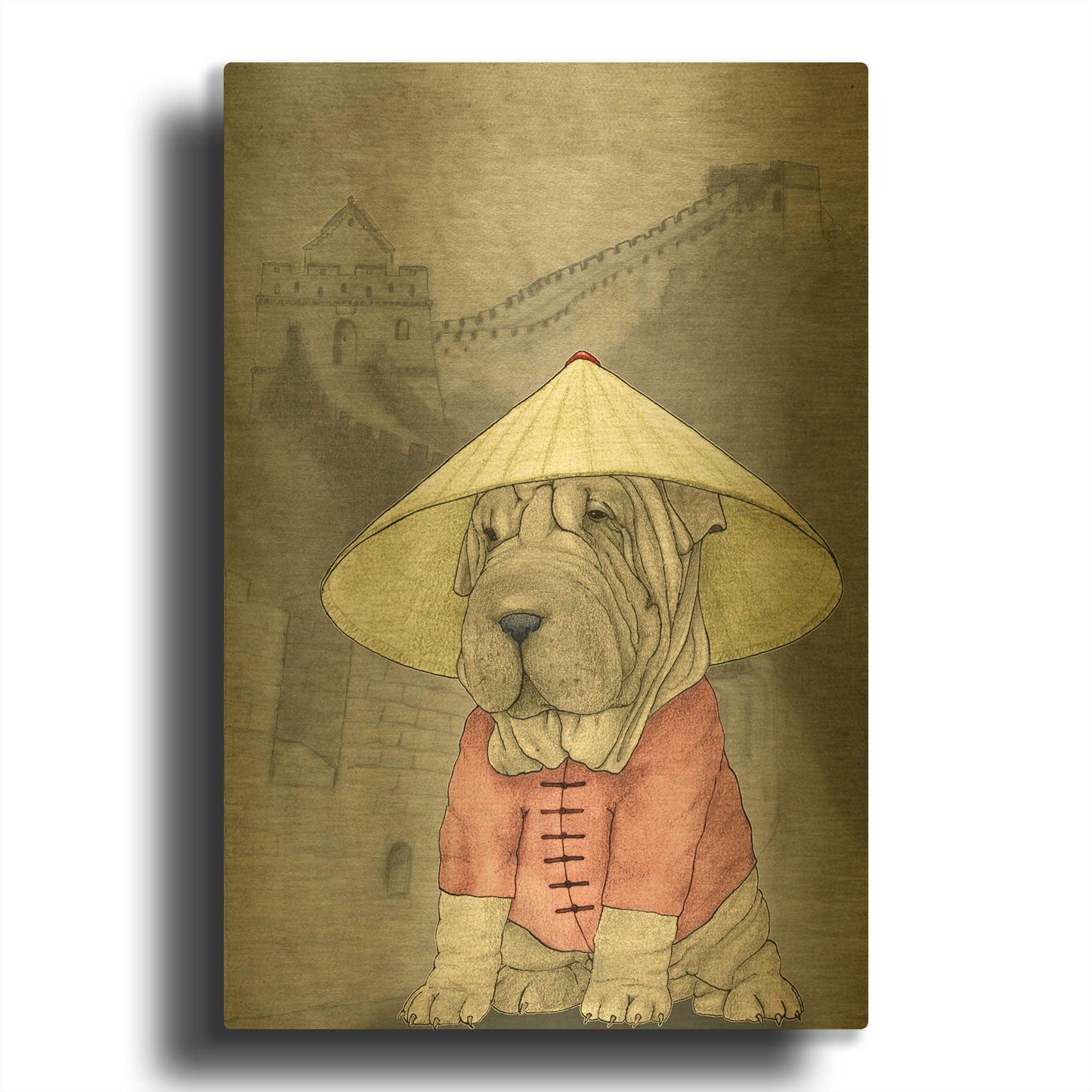 'Shar Pei with the Great Wall' By Barruf Gold Metal Wall Art