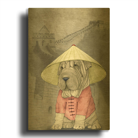 'Shar Pei with the Great Wall' By Barruf Gold Metal Wall Art