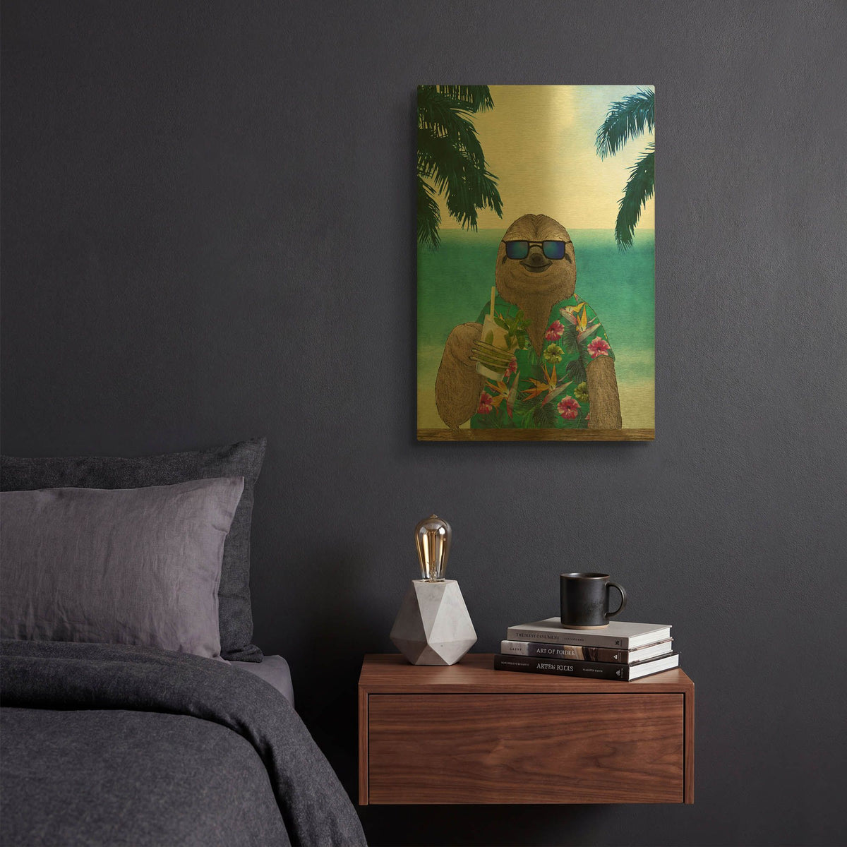 'Sloth on Summer Holidays' By Barruf Gold Metal Wall Art