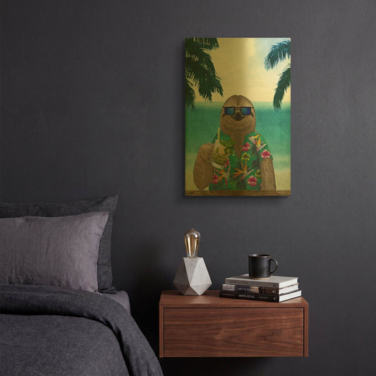 'Sloth on Summer Holidays' By Barruf Gold Metal Wall Art