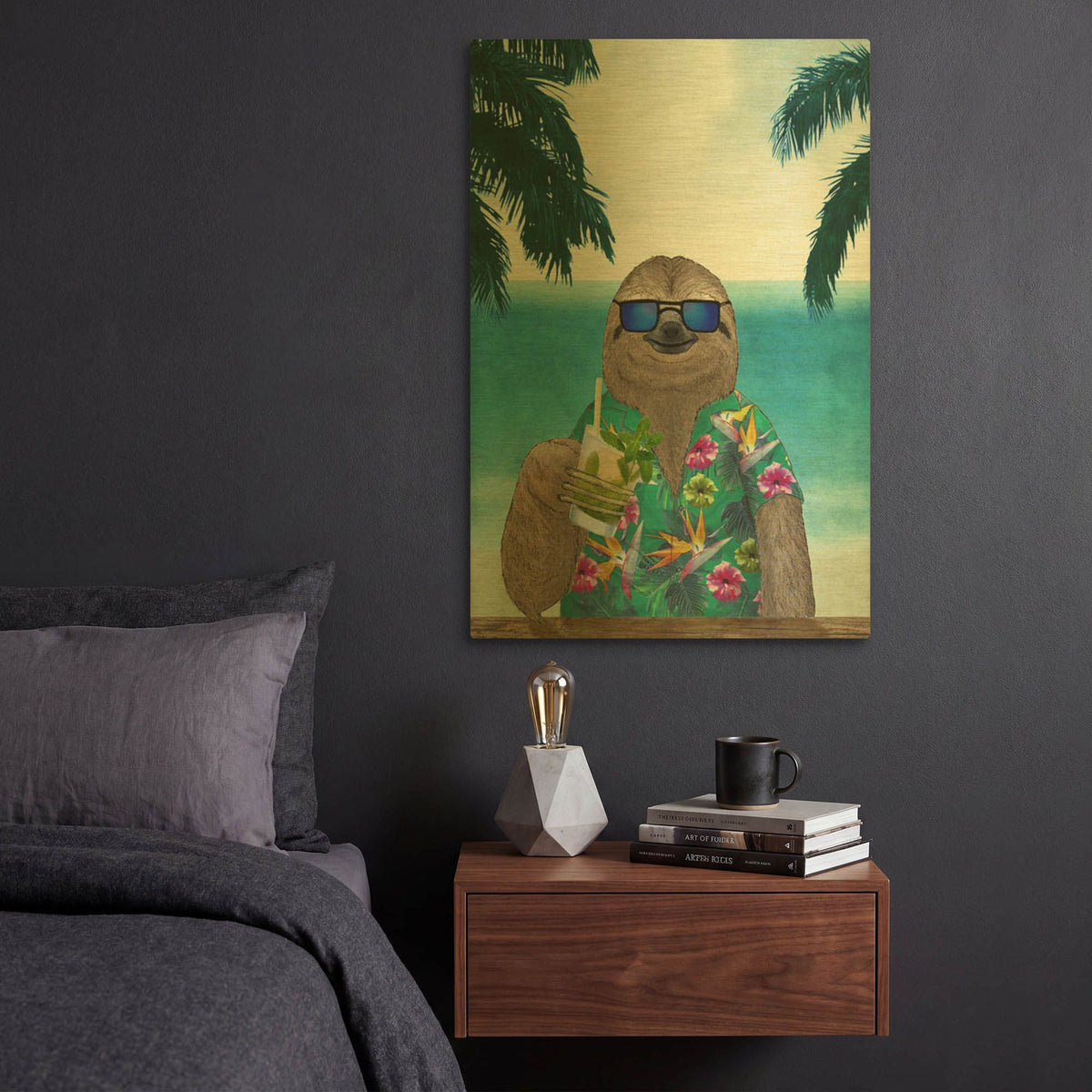 'Sloth on Summer Holidays' By Barruf Gold Metal Wall Art