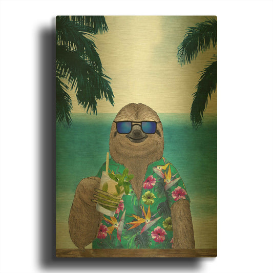 'Sloth on Summer Holidays' By Barruf Gold Metal Wall Art