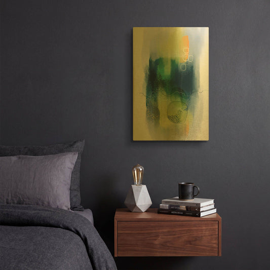 'Misty Mountain Lake' By Ishita Banerjee Gold Metal Wall Art