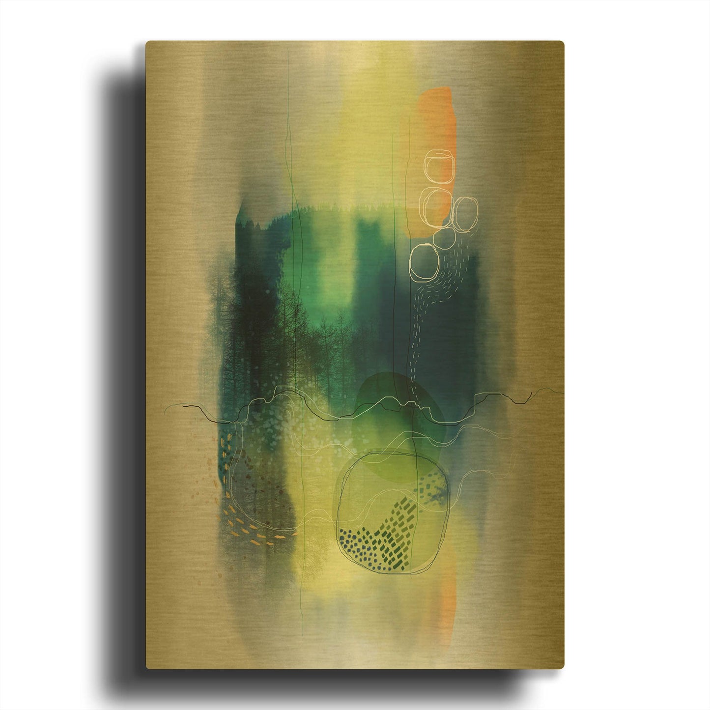 'Misty Mountain Lake' By Ishita Banerjee Gold Metal Wall Art