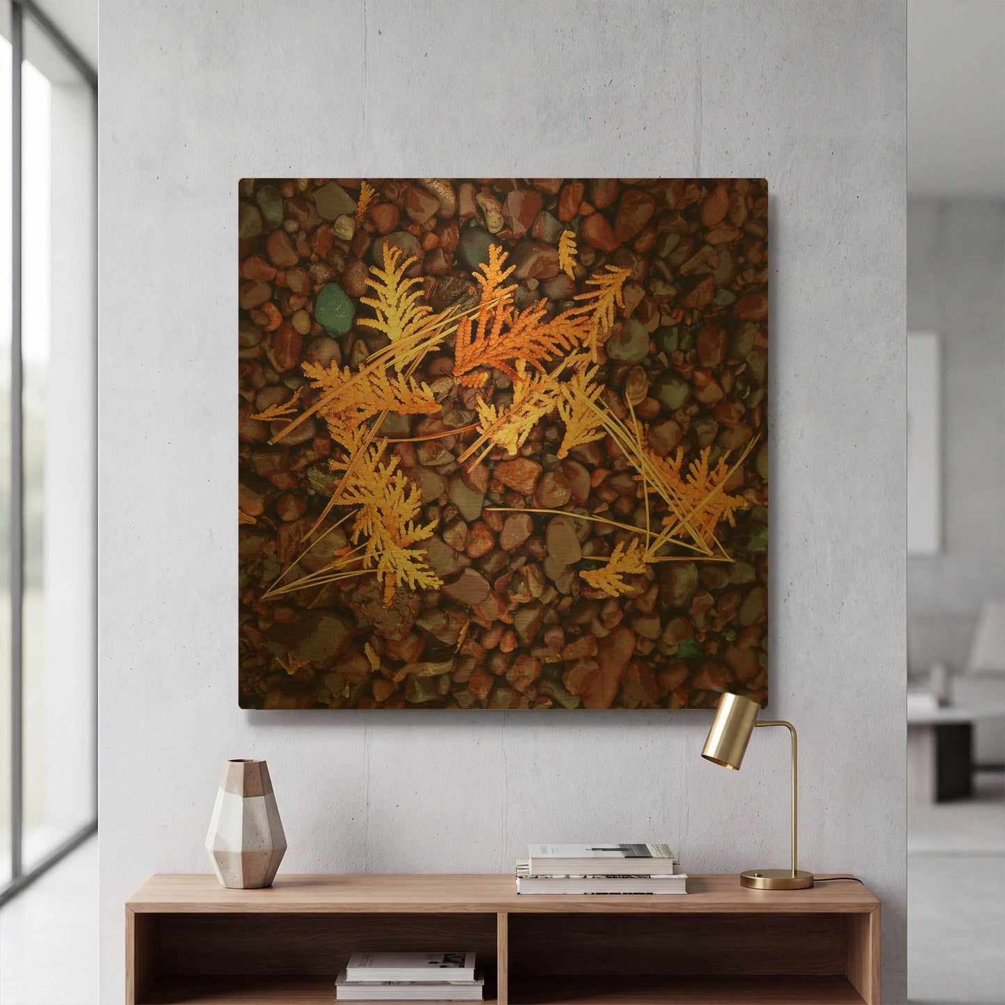 'Brown Pebbles with Cedar' By Jan Bell Gold Metal Wall Art