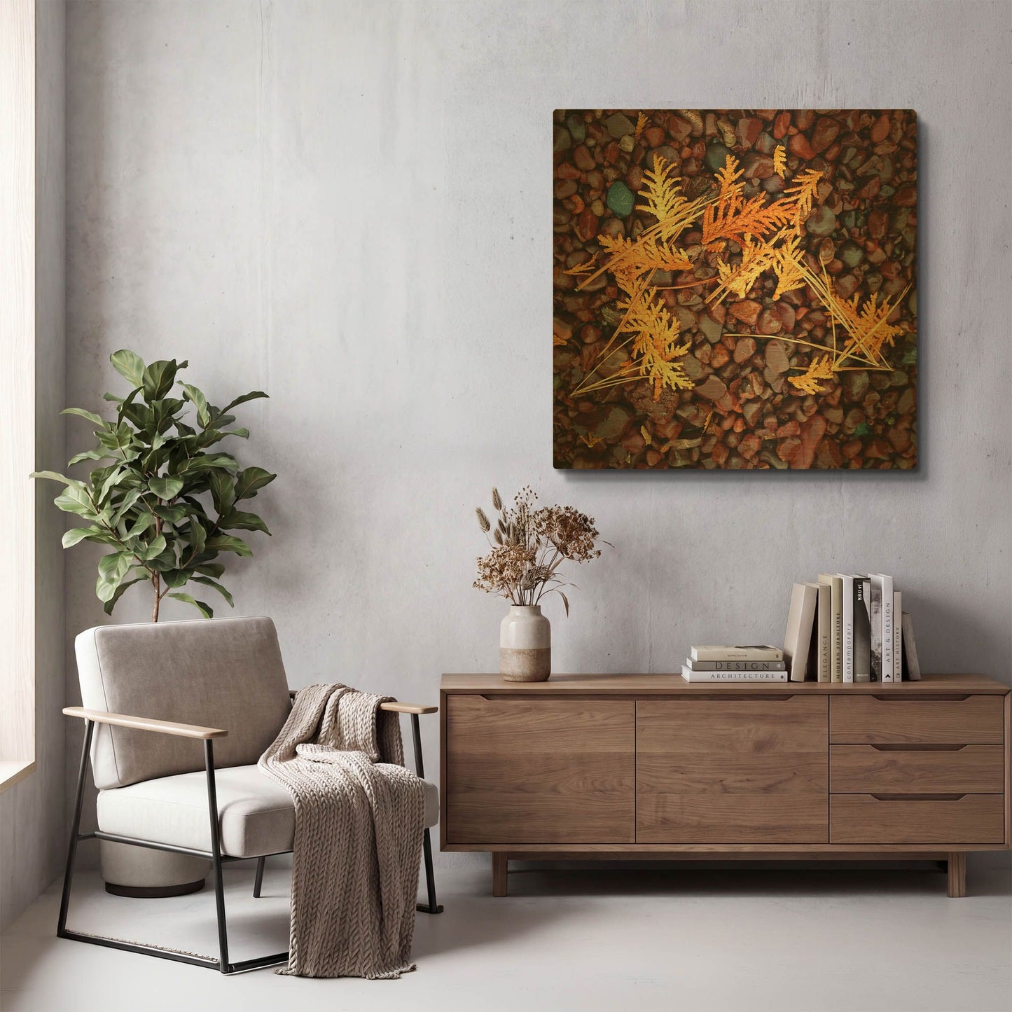 'Brown Pebbles with Cedar' By Jan Bell Gold Metal Wall Art