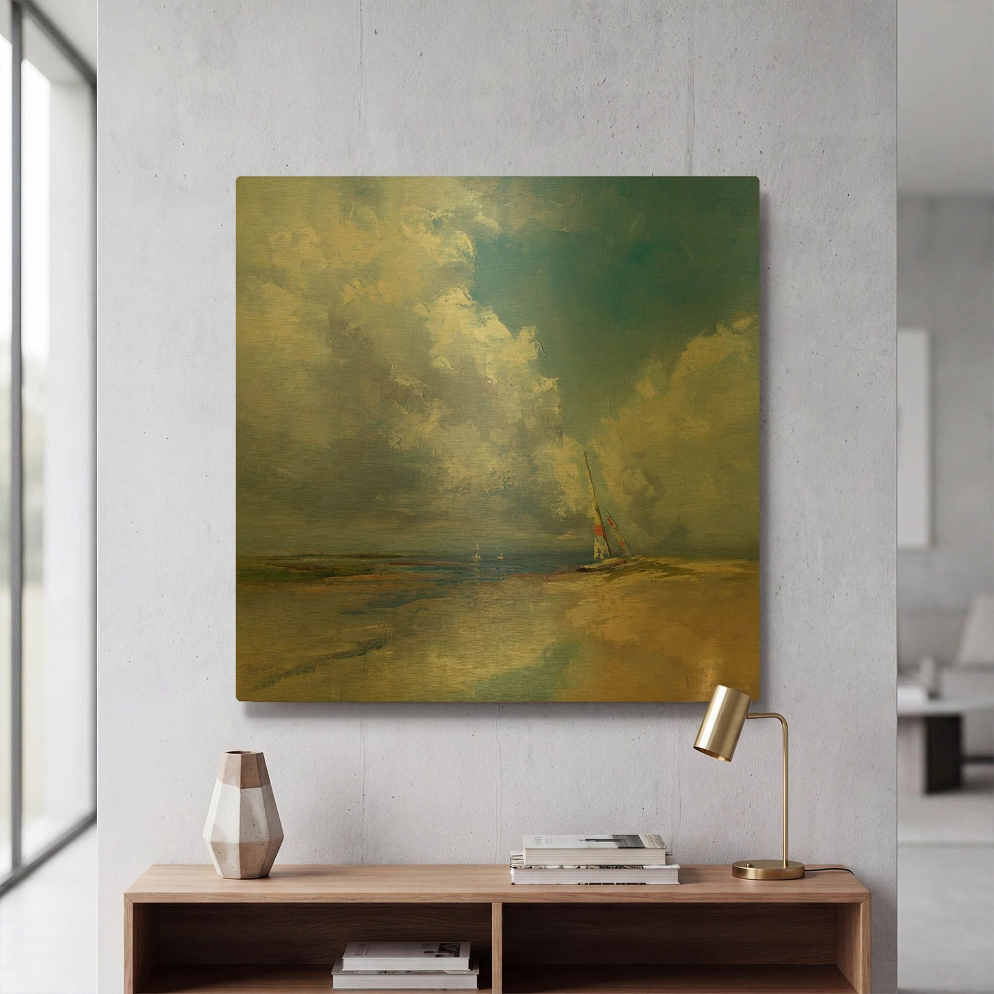 'Sailboat on a Sandy Beach' By Kasia Bruniany Gold Metal Wall Art