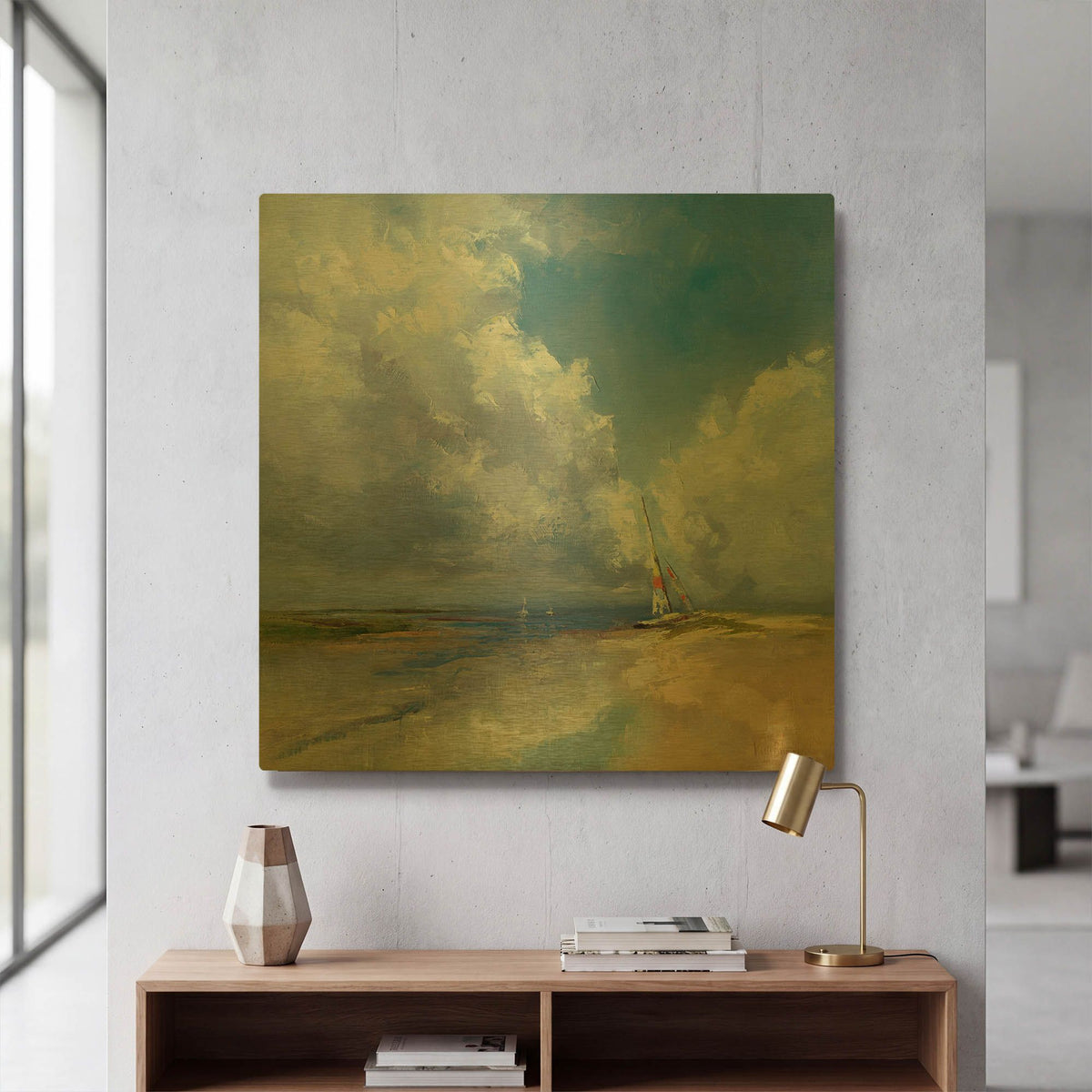 'Sailboat on a Sandy Beach' By Kasia Bruniany Gold Metal Wall Art