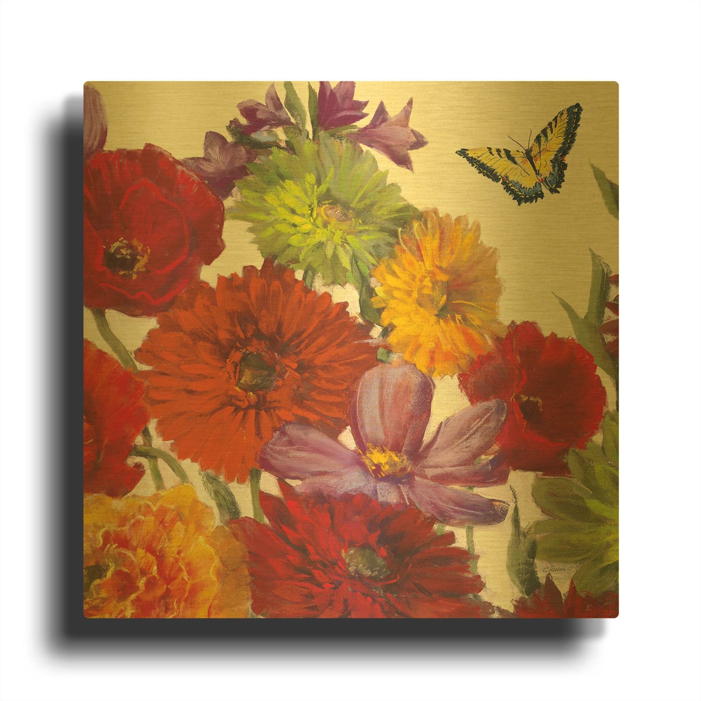 'Butterfly Flower Scatter II' By Carol Rowan Gold Metal Wall Art