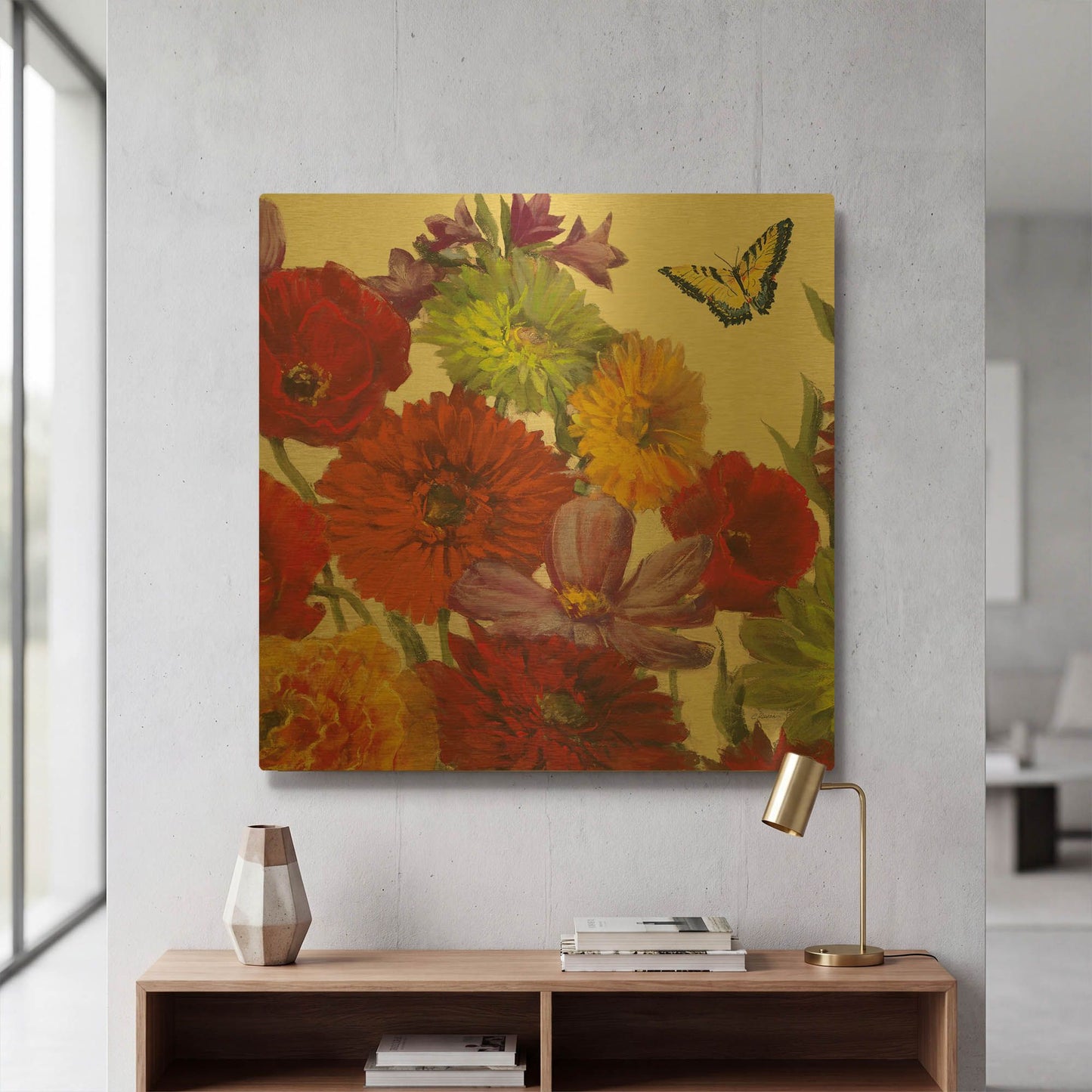 'Butterfly Flower Scatter II' By Carol Rowan Gold Metal Wall Art