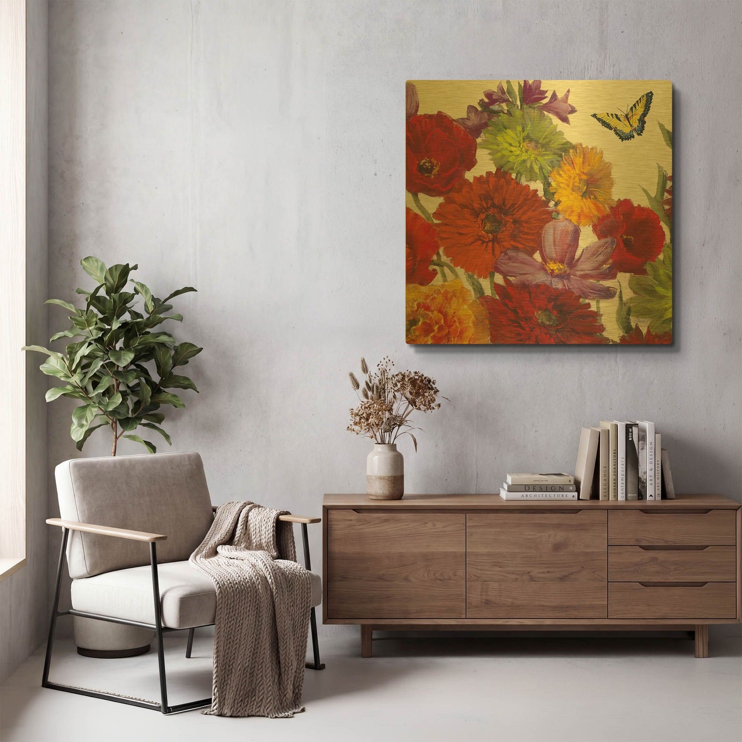 'Butterfly Flower Scatter II' By Carol Rowan Gold Metal Wall Art