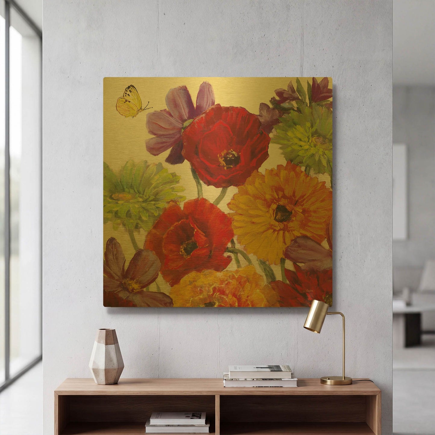 'Butterfly Flower Scatter III' By Carol Rowan Gold Metal Wall Art