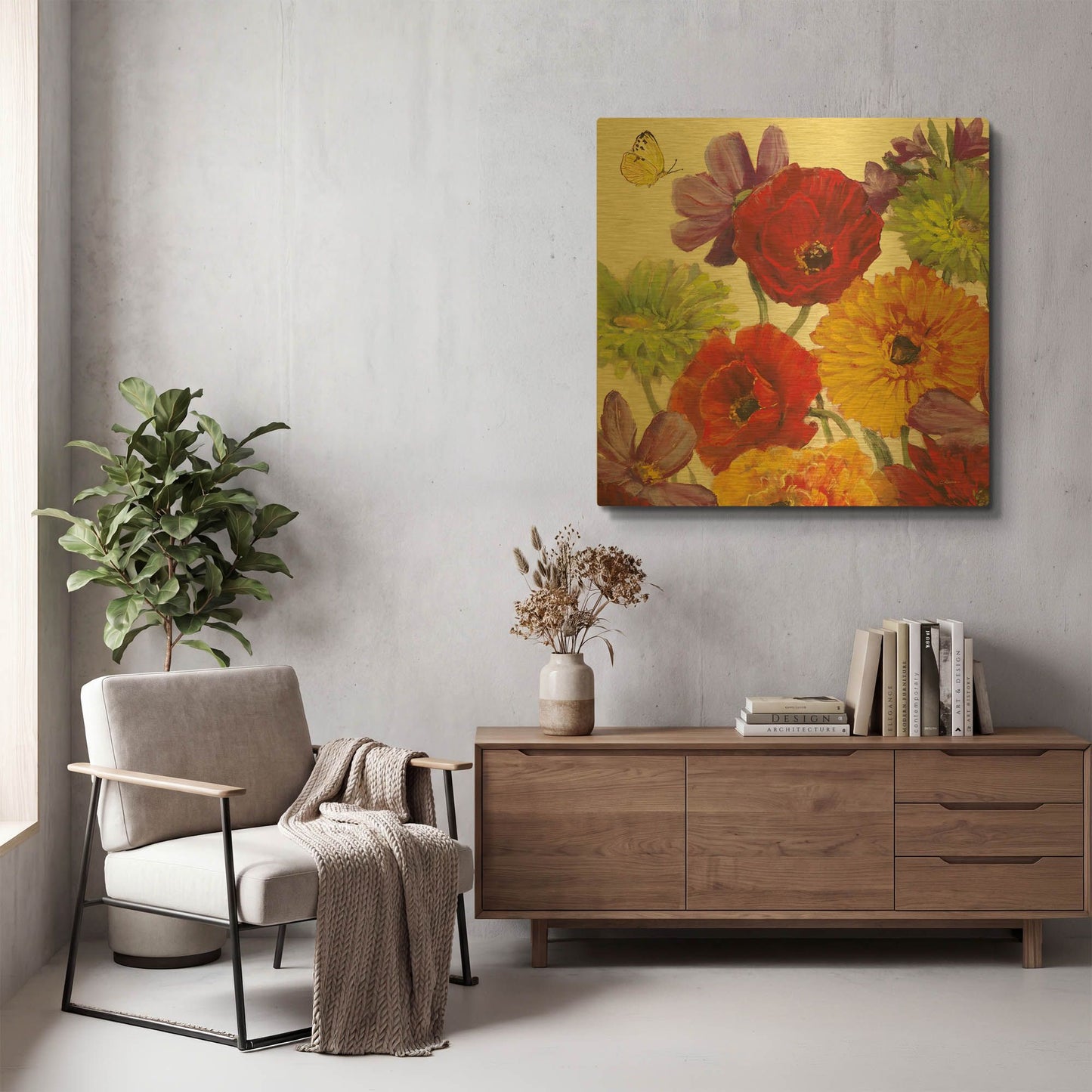 'Butterfly Flower Scatter III' By Carol Rowan Gold Metal Wall Art