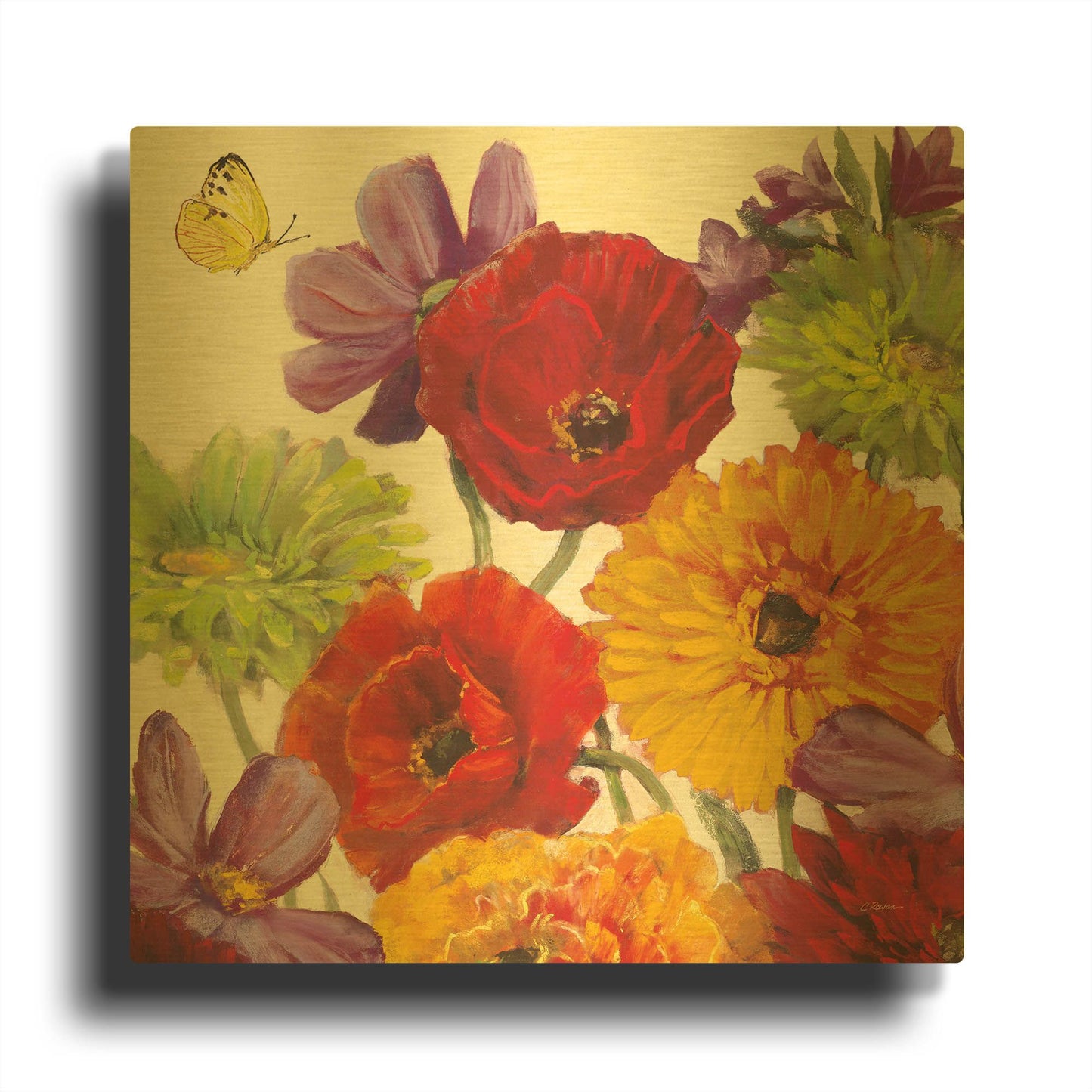 'Butterfly Flower Scatter III' By Carol Rowan Gold Metal Wall Art