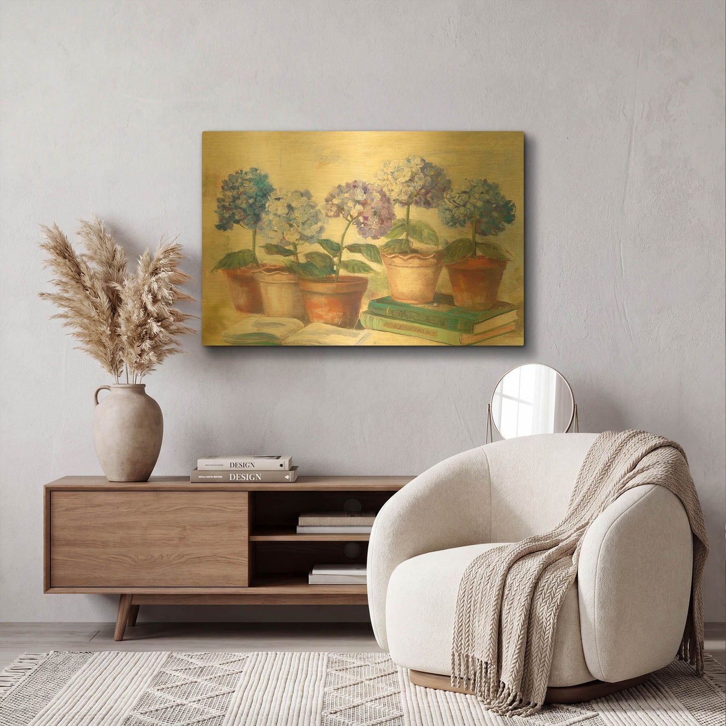 'Gardeners Hydrangeas' By Carol Rowan Gold Metal Wall Art