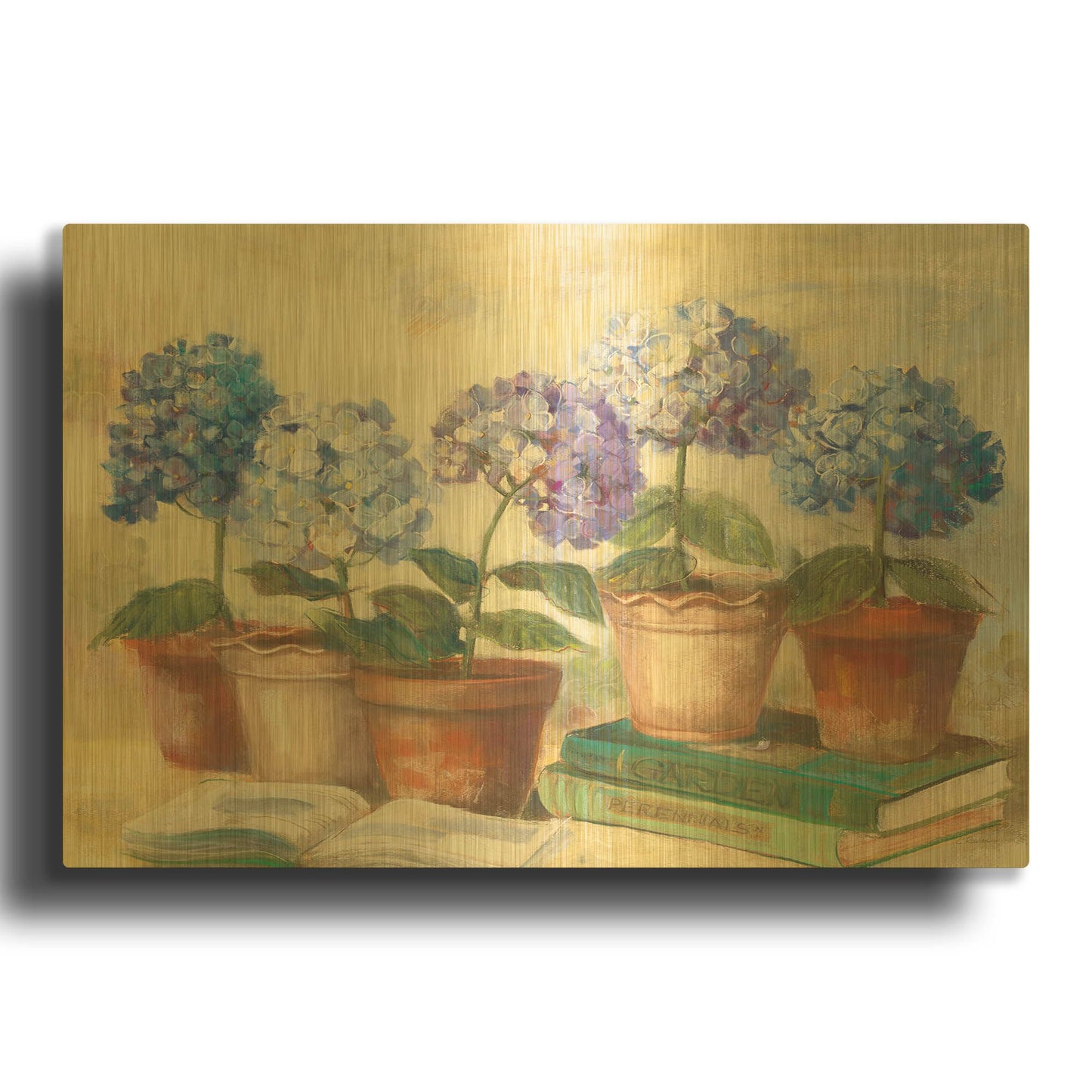 'Gardeners Hydrangeas' By Carol Rowan Gold Metal Wall Art