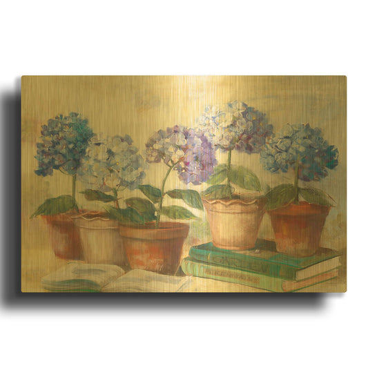 'Gardeners Hydrangeas' By Carol Rowan Gold Metal Wall Art