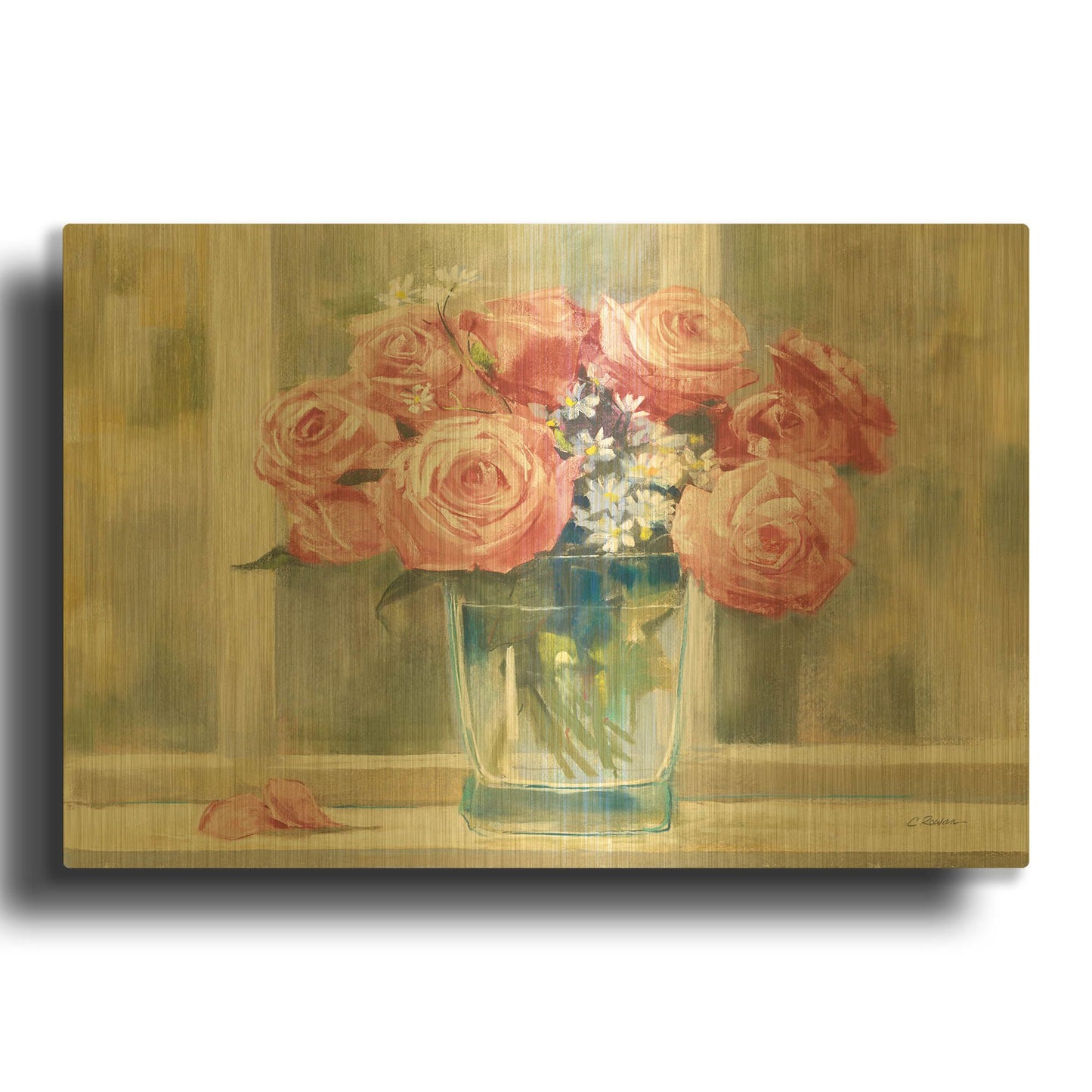 'Pink Roses' By Carol Rowan Gold Metal Wall Art