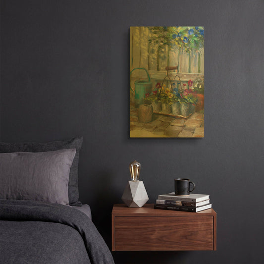 'Pansies In Wire Basket' By Carol Rowan Gold Metal Wall Art