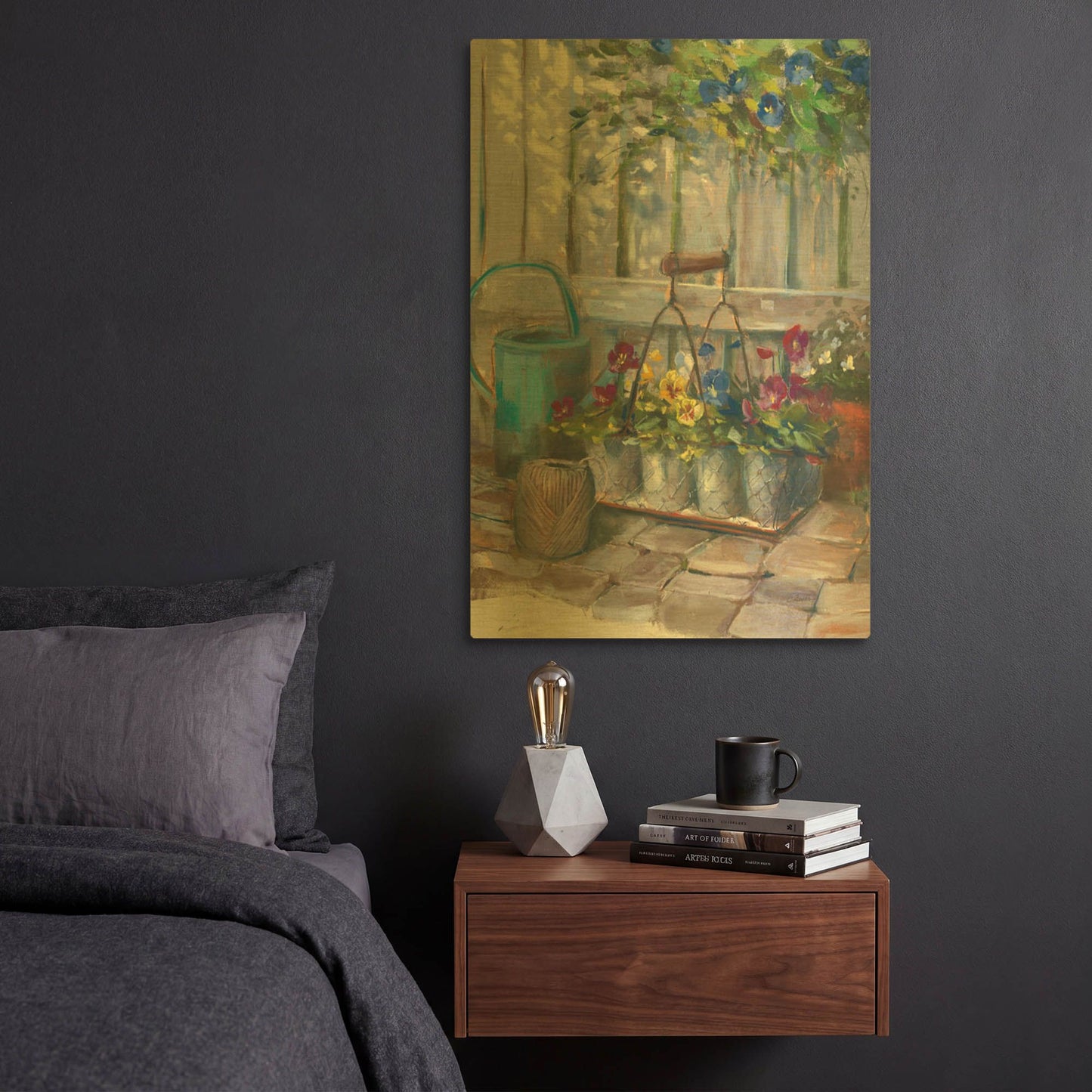 'Pansies In Wire Basket' By Carol Rowan Gold Metal Wall Art