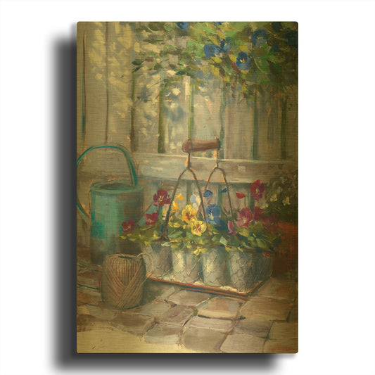 'Pansies In Wire Basket' By Carol Rowan Gold Metal Wall Art