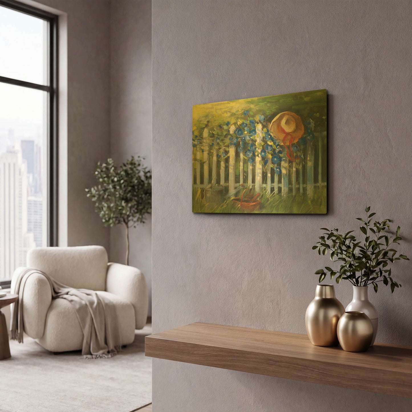 'Morning Glories On The Fence' By Carol Rowan Gold Metal Wall Art