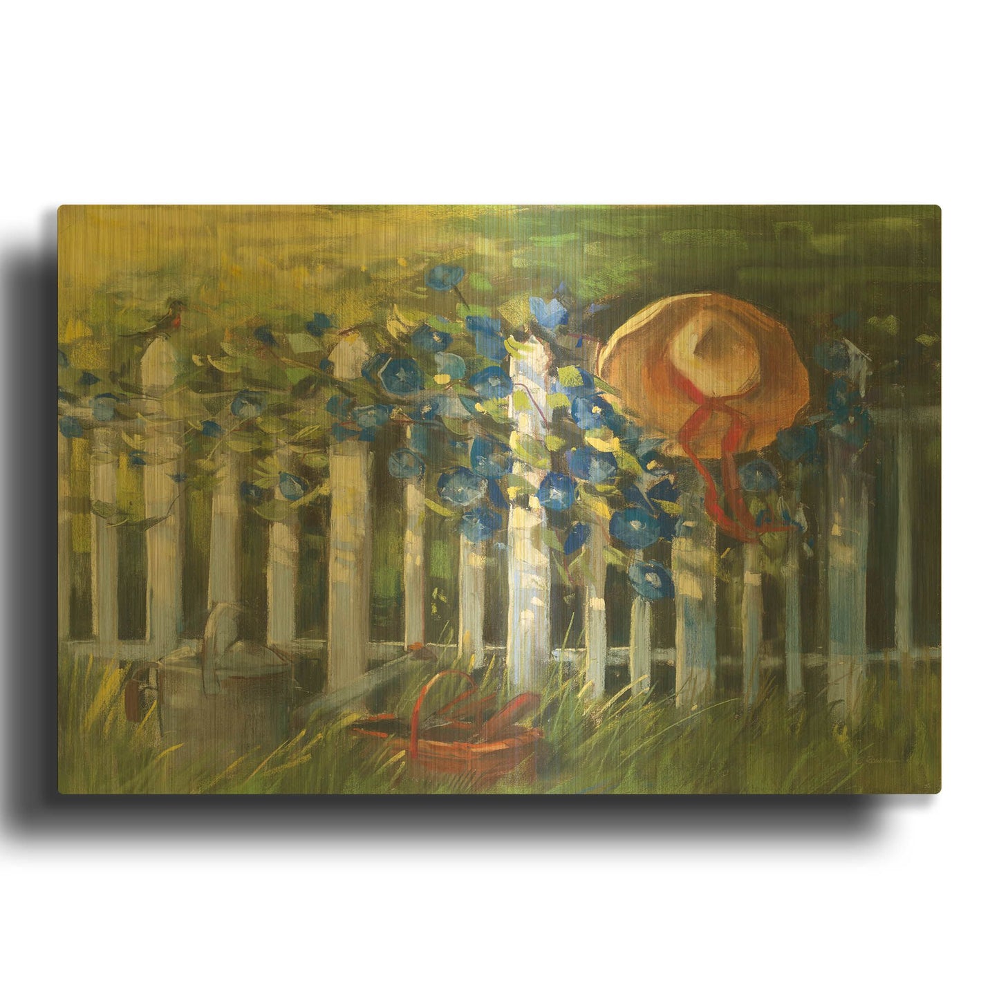 'Morning Glories On The Fence' By Carol Rowan Gold Metal Wall Art