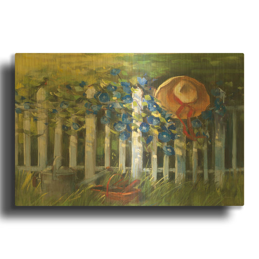 'Morning Glories On The Fence' By Carol Rowan Gold Metal Wall Art