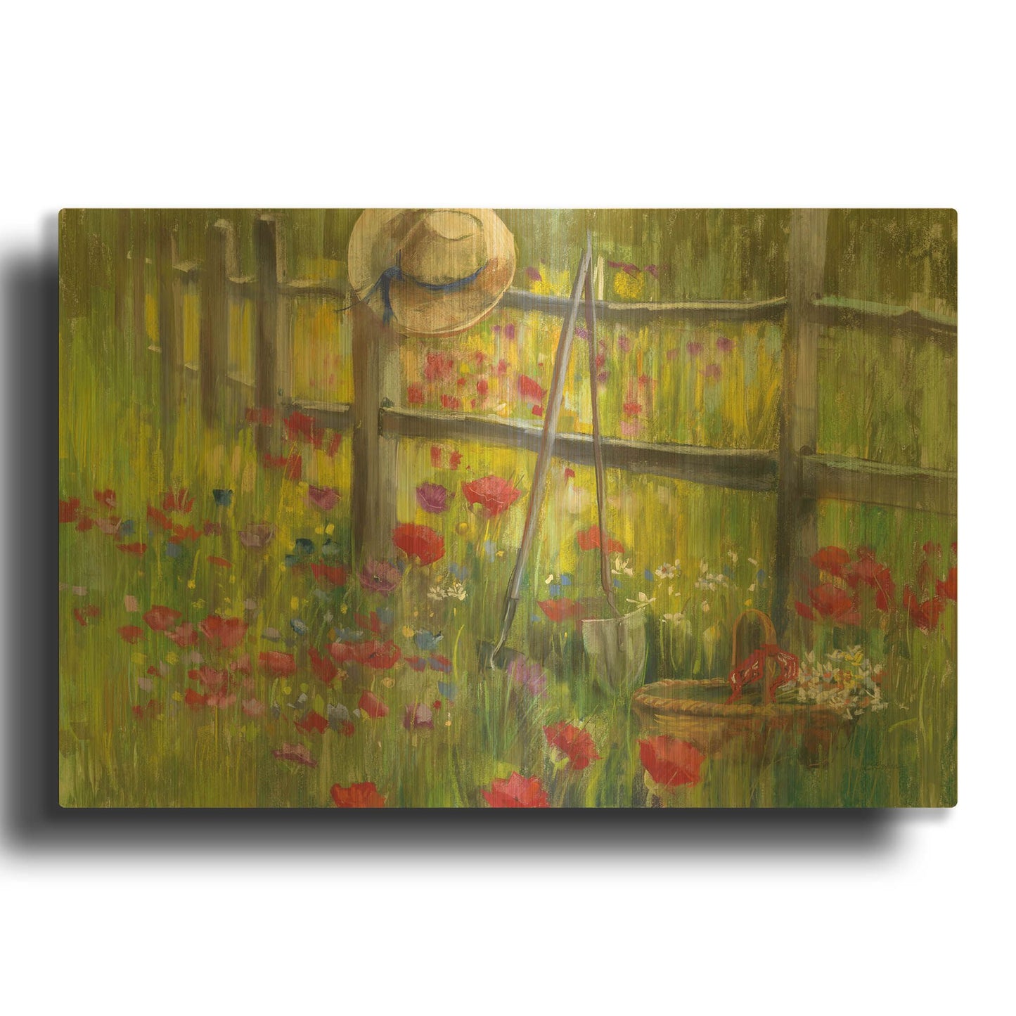 'Gardening By The Fence' By Carol Rowan Gold Metal Wall Art