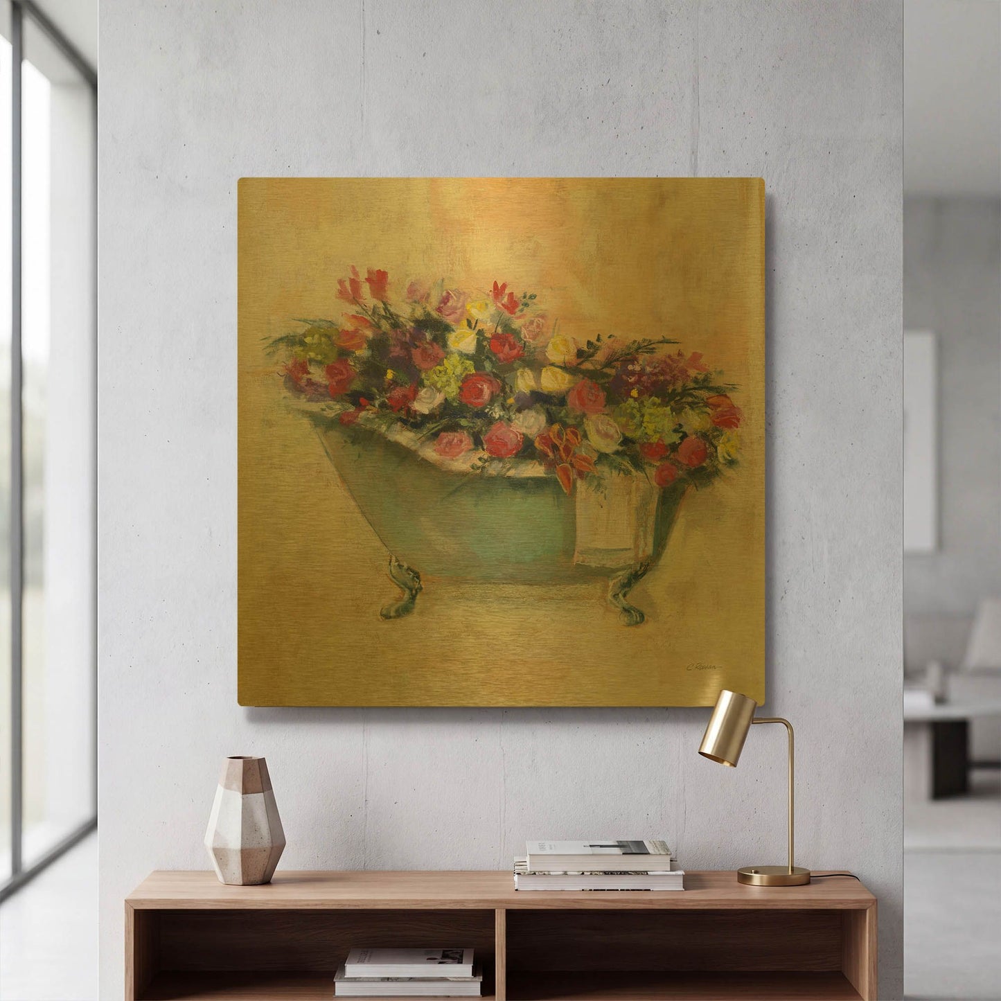 'Bathtub Bouquet I' By Carol Rowan Gold Metal Wall Art