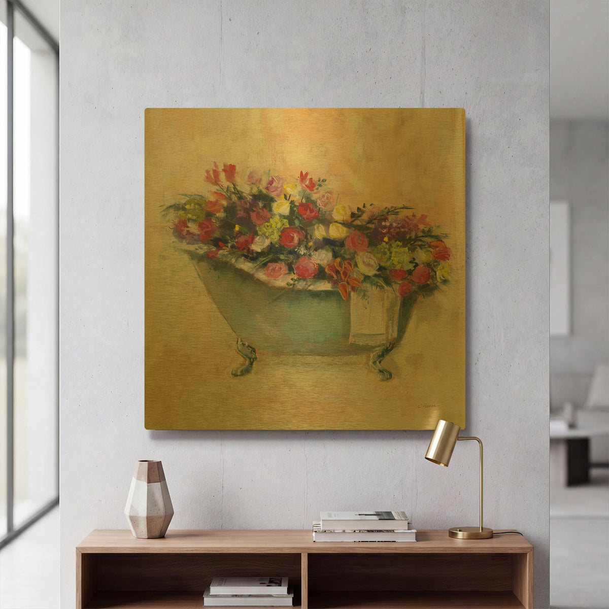 'Bathtub Bouquet I' By Carol Rowan Gold Metal Wall Art
