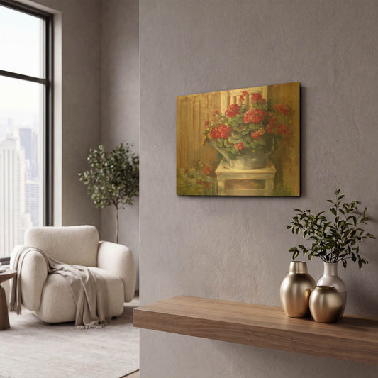 'Geraniums On Chair' By Carol Rowan Gold Metal Wall Art