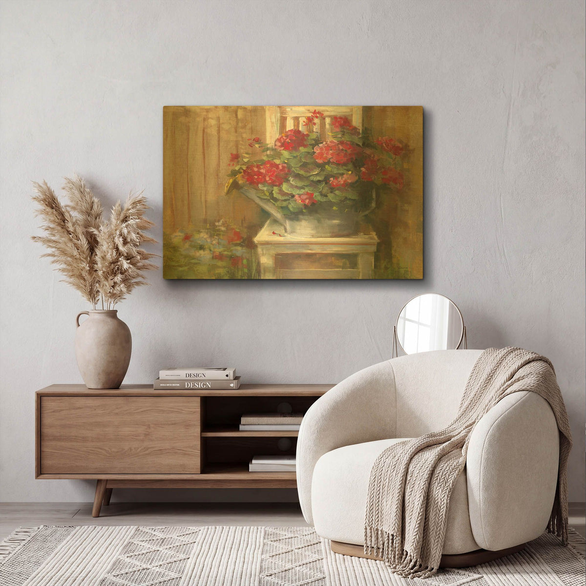 'Geraniums On Chair' By Carol Rowan Gold Metal Wall Art
