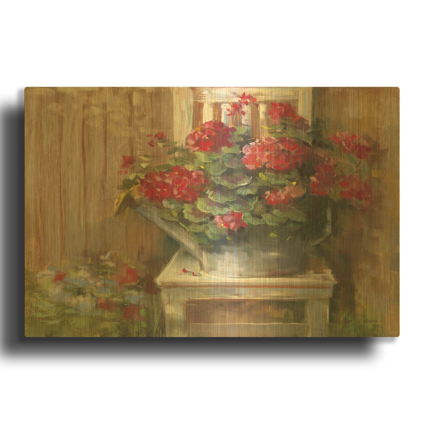 'Geraniums On Chair' By Carol Rowan Gold Metal Wall Art