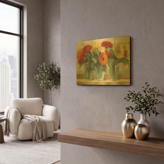 'Gerberas In Glass Vases' By Carol Rowan Gold Metal Wall Art