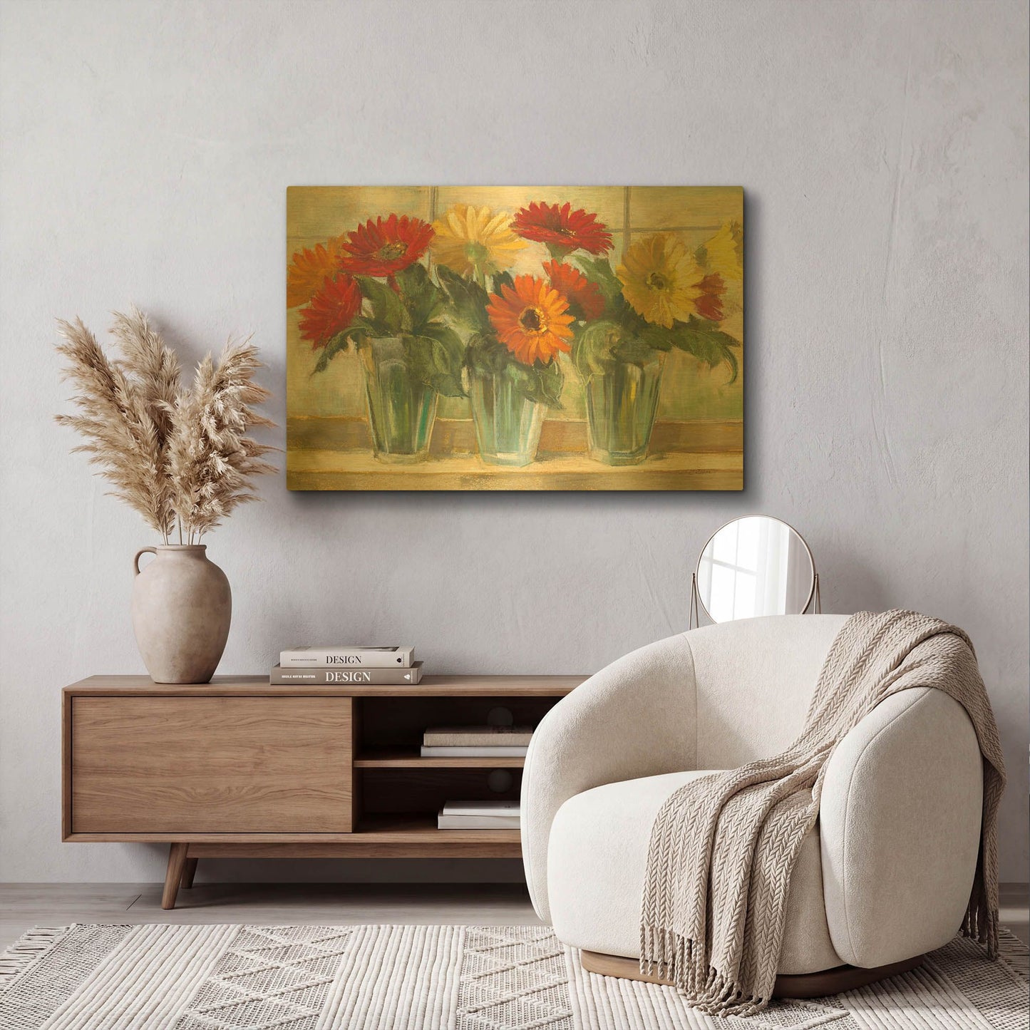 'Gerberas In Glass Vases' By Carol Rowan Gold Metal Wall Art