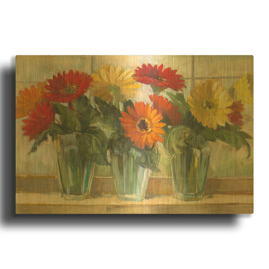 'Gerberas In Glass Vases' By Carol Rowan Gold Metal Wall Art