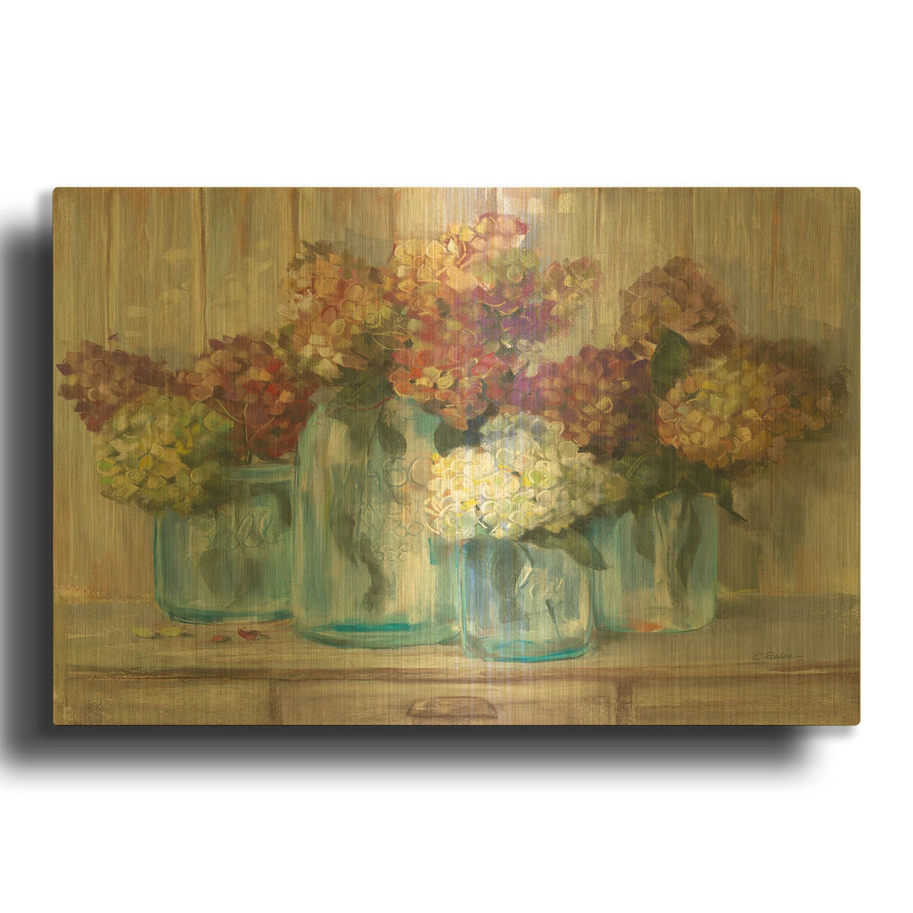 'Hydrangeas In Glass Jars' By Carol Rowan Gold Metal Wall Art