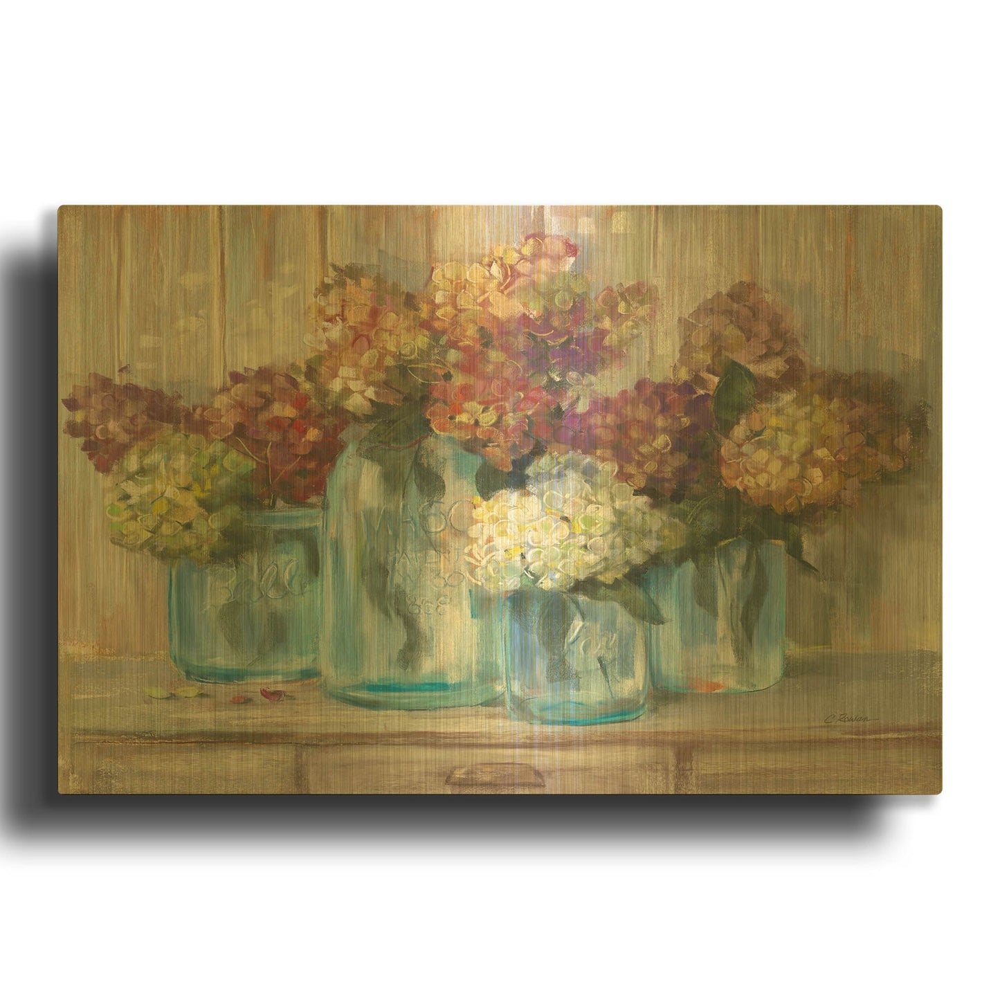 'Hydrangeas In Glass Jars' By Carol Rowan Gold Metal Wall Art
