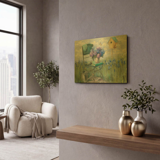 'Green Chair With Hydrangea' By Carol Rowan Gold Metal Wall Art