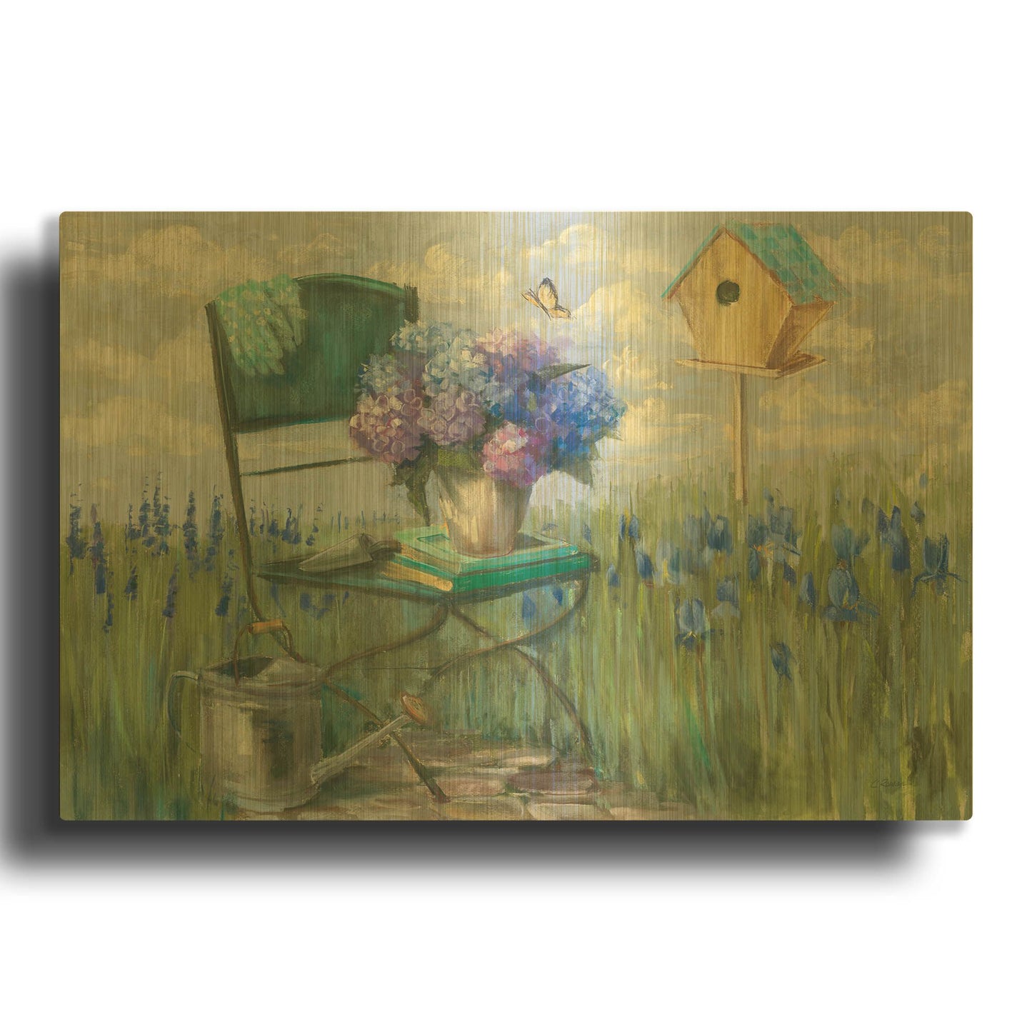 'Green Chair With Hydrangea' By Carol Rowan Gold Metal Wall Art
