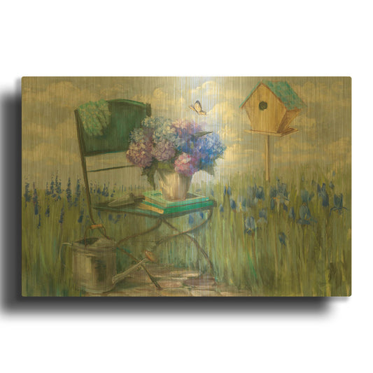 'Green Chair With Hydrangea' By Carol Rowan Gold Metal Wall Art