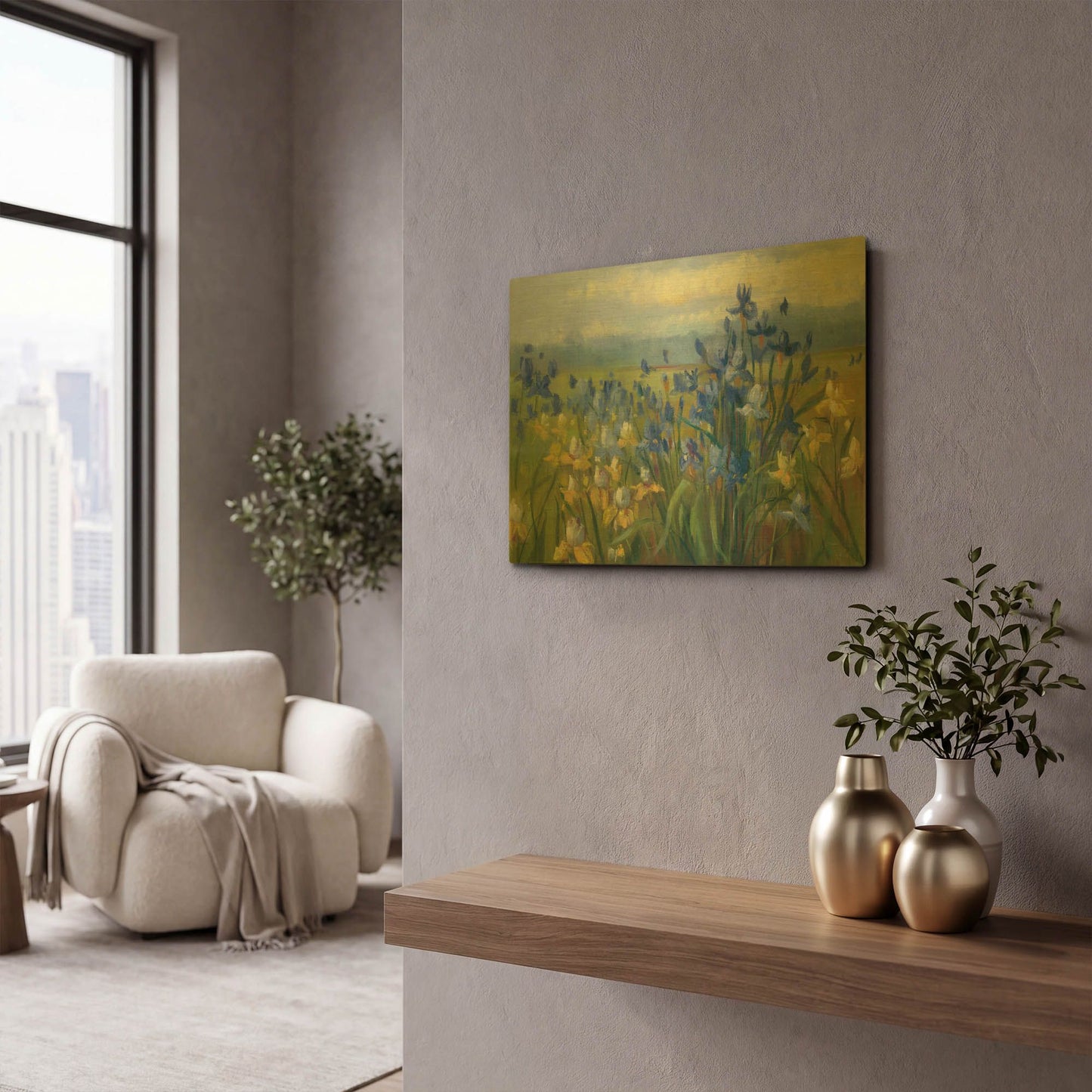 'Blue And Yellow Flower Field V2' By Carol Rowan Gold Metal Wall Art