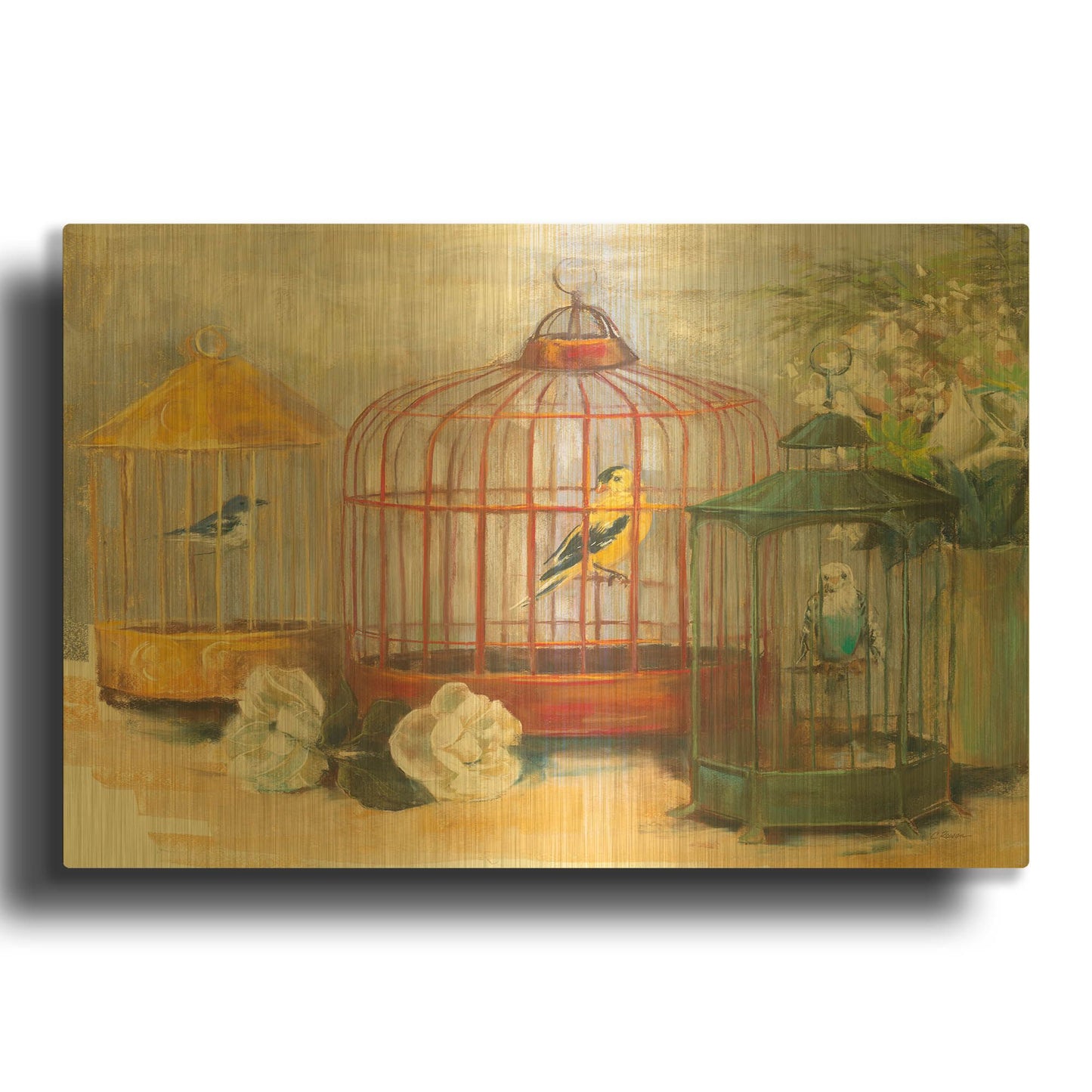 'Birdcage Trio' By Carol Rowan Gold Metal Wall Art
