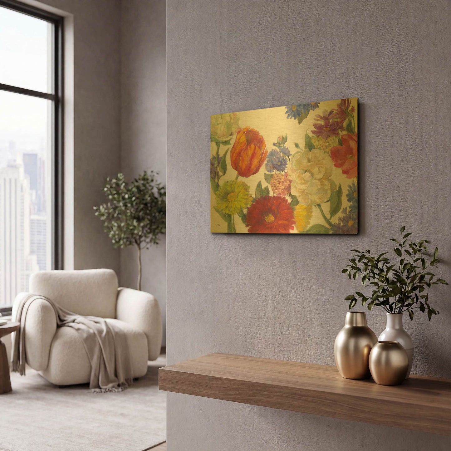 'Colorful Flowers On White' By Carol Rowan Gold Metal Wall Art