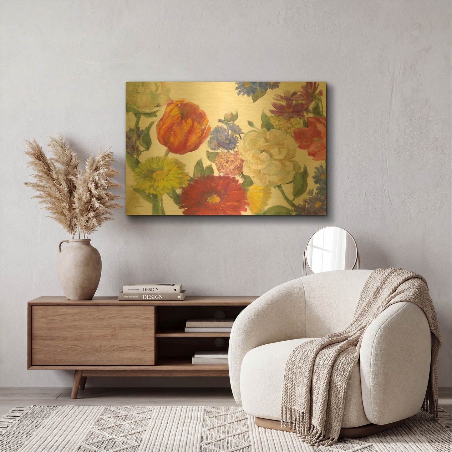 'Colorful Flowers On White' By Carol Rowan Gold Metal Wall Art