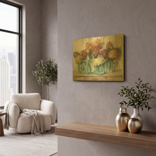 'Hydrangeas In Glass Jars White Wood' By Carol Rowan Gold Metal Wall Art